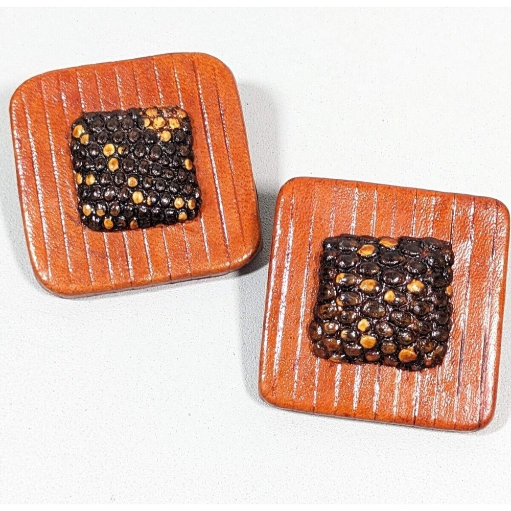 Vintage Brown Leather Wrapped Square Earrings Large Clip On Boho